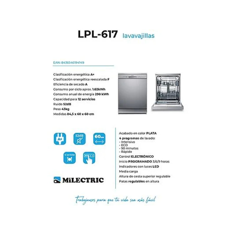 Lavavajillas INFINITON P091711 Libre Instalación 60cm 12 Servicios Clase E Plata