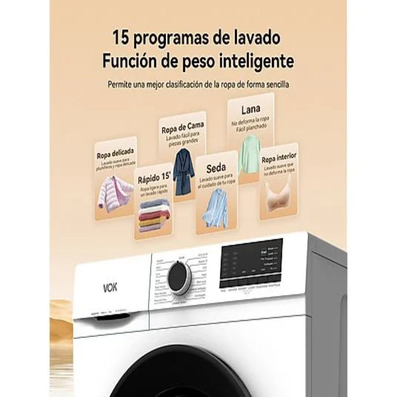 Lavadora VOK EVW-7BAWL21N Carga Frontal 7kg 1200rpm Clase A Motor Inverter Blanco
