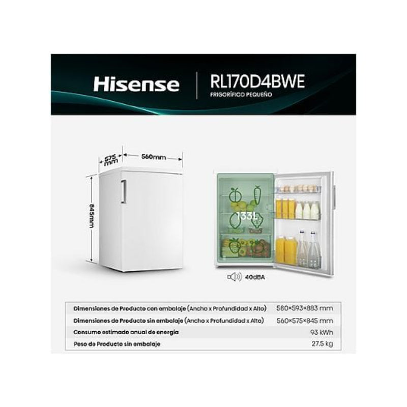 Frigorífico Hisense RL170D4BWE 1 Puerta, 133L, Bajo Encimera, Blanco