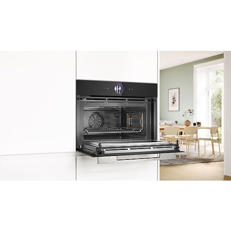 Horno compacto Bosch CMG7761B1, Integrable, 45 L, Aire caliente 4D, Pirolítico y limpieza por agua, Home Connect, Negro