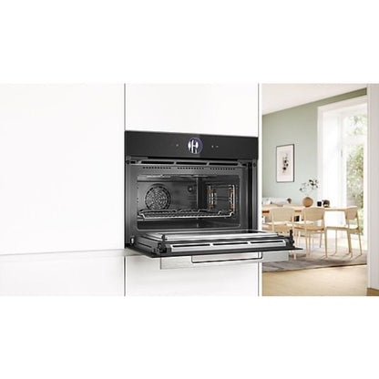 Horno compacto Bosch CMG7761B1, Integrable, 45 L, Aire caliente 4D, Pirolítico y limpieza por agua, Home Connect, Negro