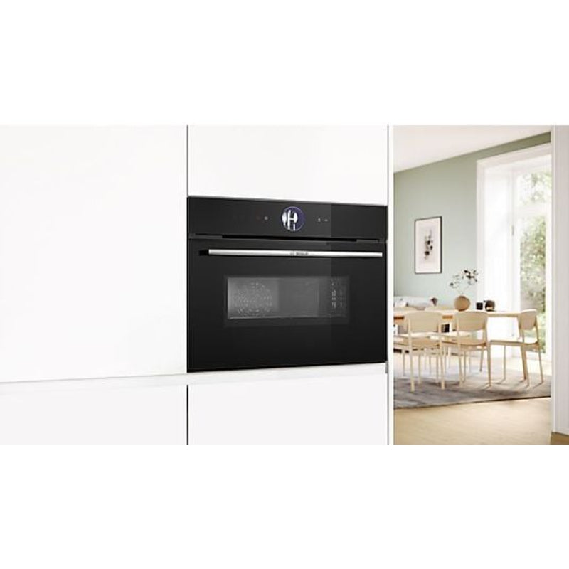 Horno compacto Bosch CMG7761B1, Integrable, 45 L, Aire caliente 4D, Pirolítico y limpieza por agua, Home Connect, Negro
